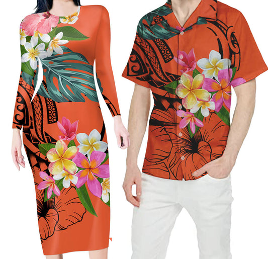 Matching Outfit For Couples Hawaii Tropical Flowers Polynesian Tribal Orange Wave Bodycon Dress And Hawaii Shirt