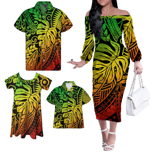 Tropical Leaf Pattern Reggae Matching Outfit For Family Dress Long Sleeve Dress For Her And Tropical Hawaiian Shirt For Him