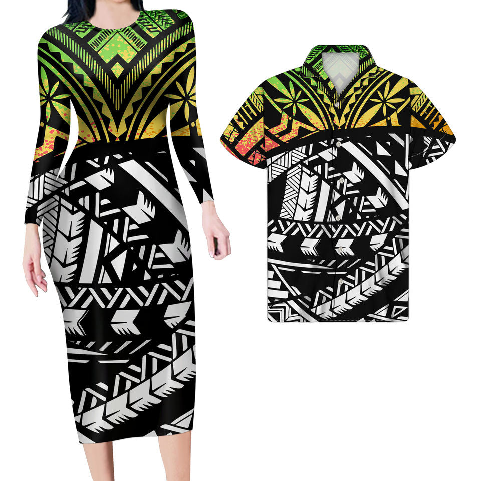 Matching Outfit For Couples Hawaii Polynesian Tribal Bodycon Dress And Hawaii Shirt