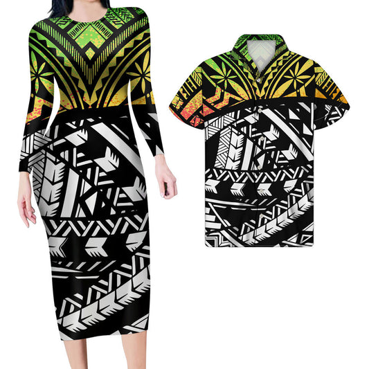 Matching Outfit For Couples Hawaii Polynesian Tribal Bodycon Dress And Hawaii Shirt