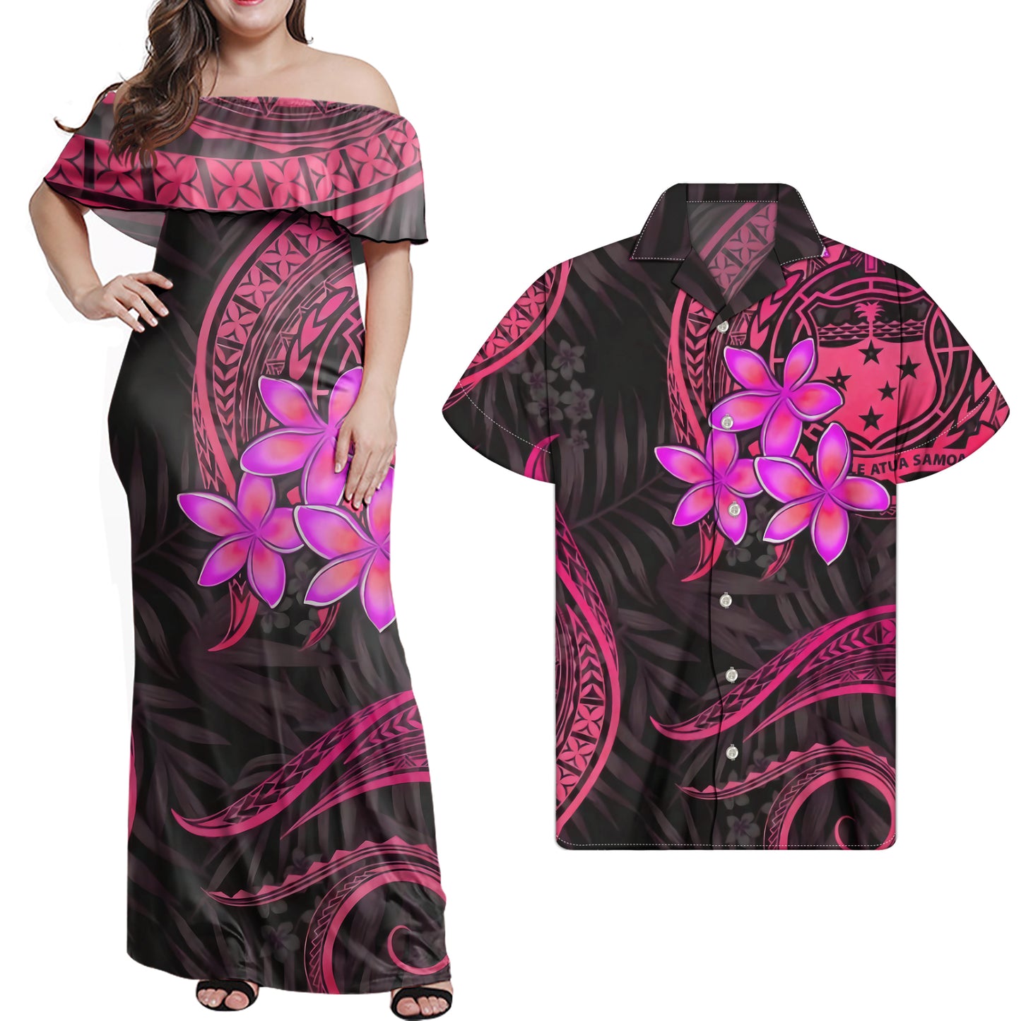 Polynesian Pink Plumeria Flowers Pattern Combo Dress and Hawaiian Shirt Matching Couples Outfit For Him Her