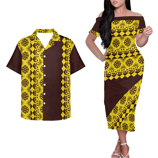 Polynesian Tribal Clothing Couple Outfits Pacific Island Patterns Hung Short Sleeved Dress And Hawaiian Shirt