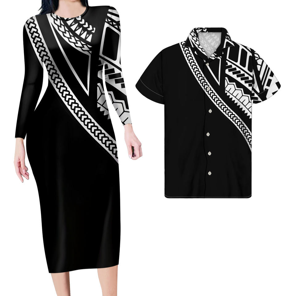 Hawaii Black Matching Clothes For Couples Polynesian Tribal Bodycon Dress And Hawaii Shirt