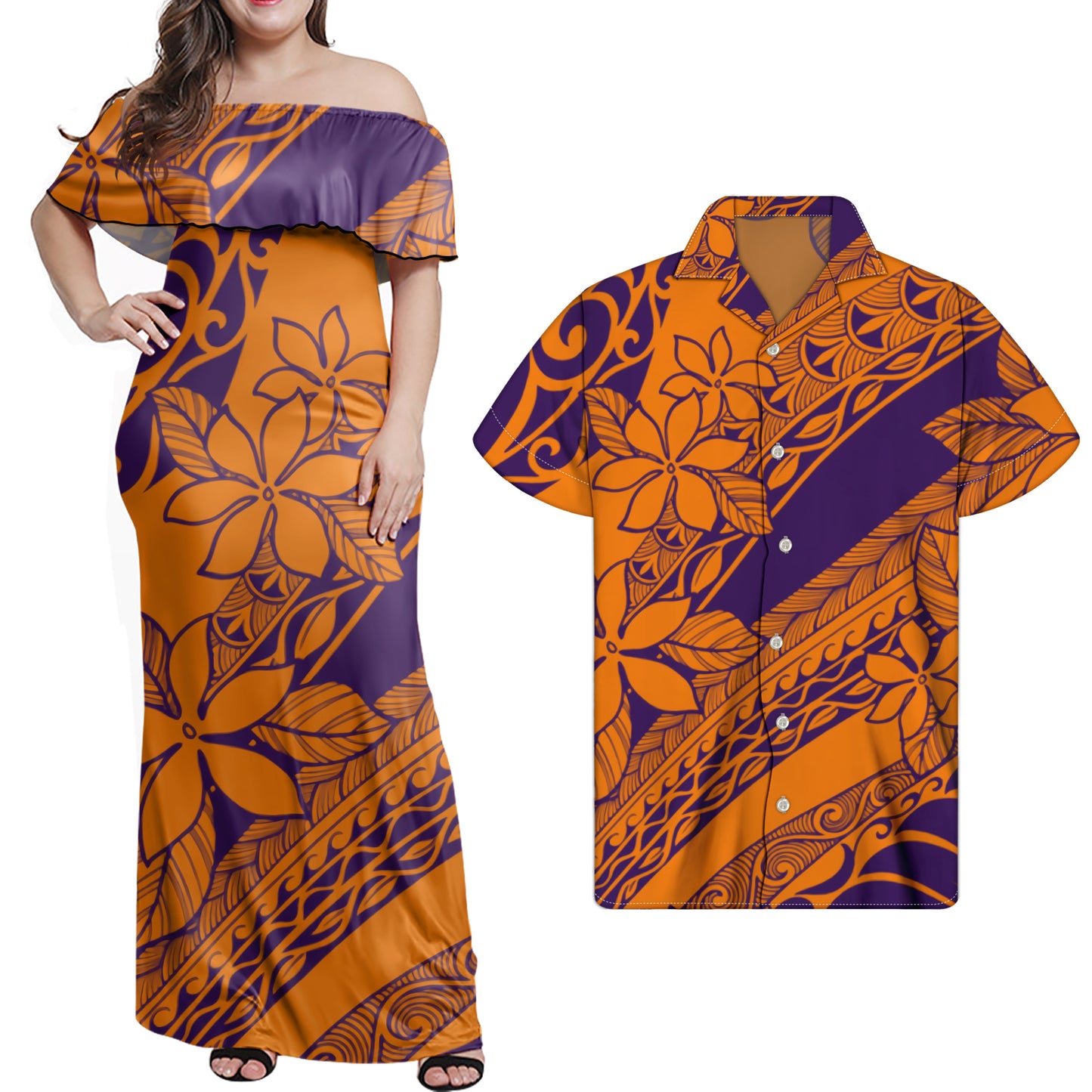Polynesian Flowers Pattern Orange Matching Outfit Combo Dress and Hawaiian Shirt