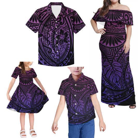 Polynesian Tribal Flowers Pattern Matching Family Outfits Combo Island Dress and Hawaiian Shirt For Family Members