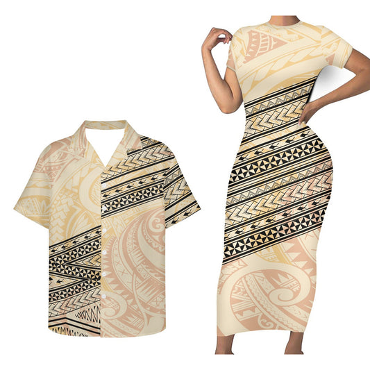 Polynesian Tribal Island Matching Outfit For Couple Polynesian Tight Short Sleeve Dress And Hawaiian Shirt Couple Set