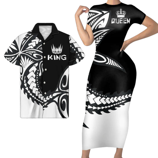 Black White Polynesian Pattern Matching Outfit For Couples Tight Short Sleeve Dress Style Men Long Sleeve Shirt