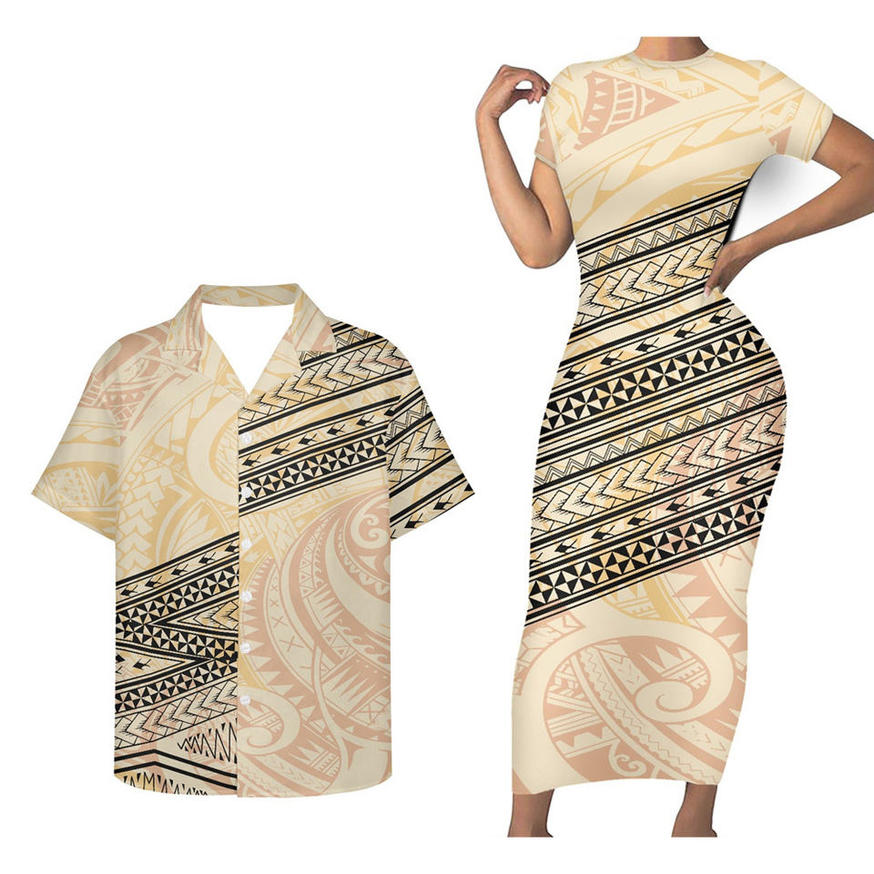 Matching Outfit For Couples Hawaiian Polynesian Tribal Grey Bodycon Dress And Hawaii Shirt