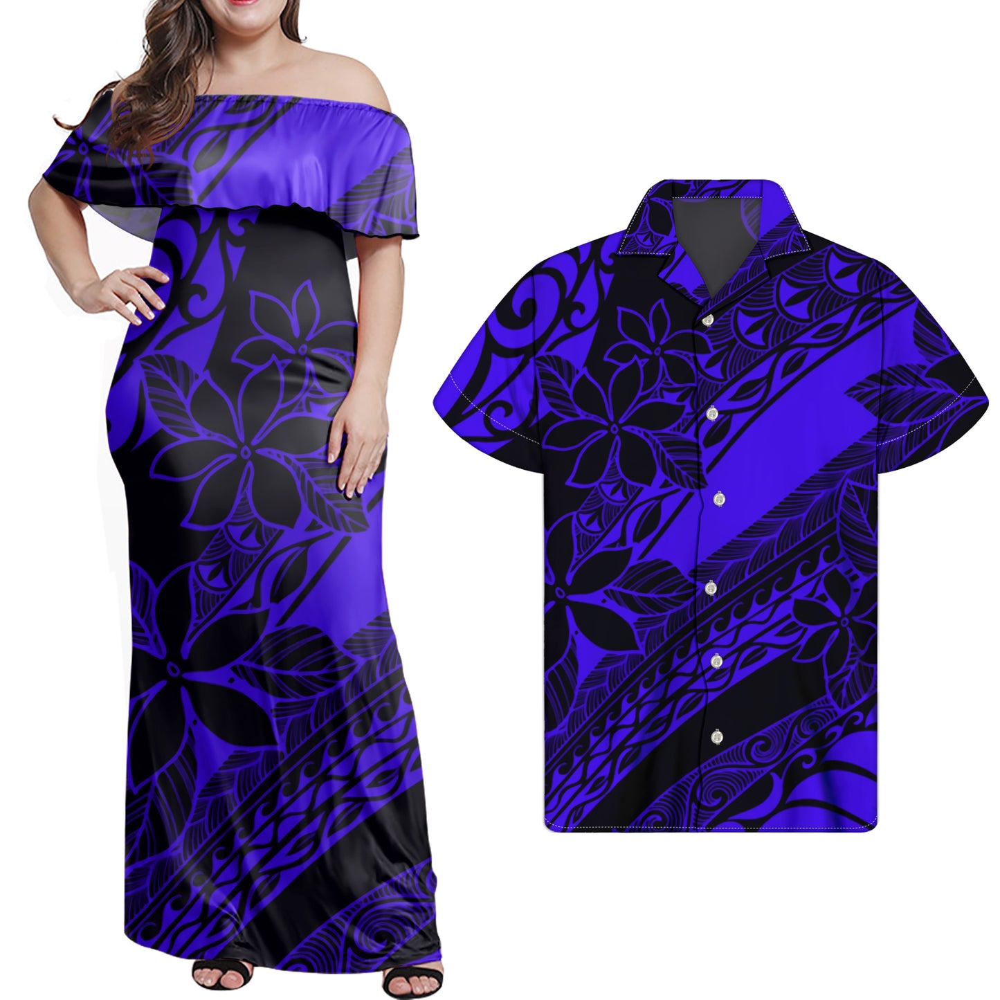 Polynesian Flowers Pattern Blue Matching Outfit Combo Dress and Hawaiian Shirt