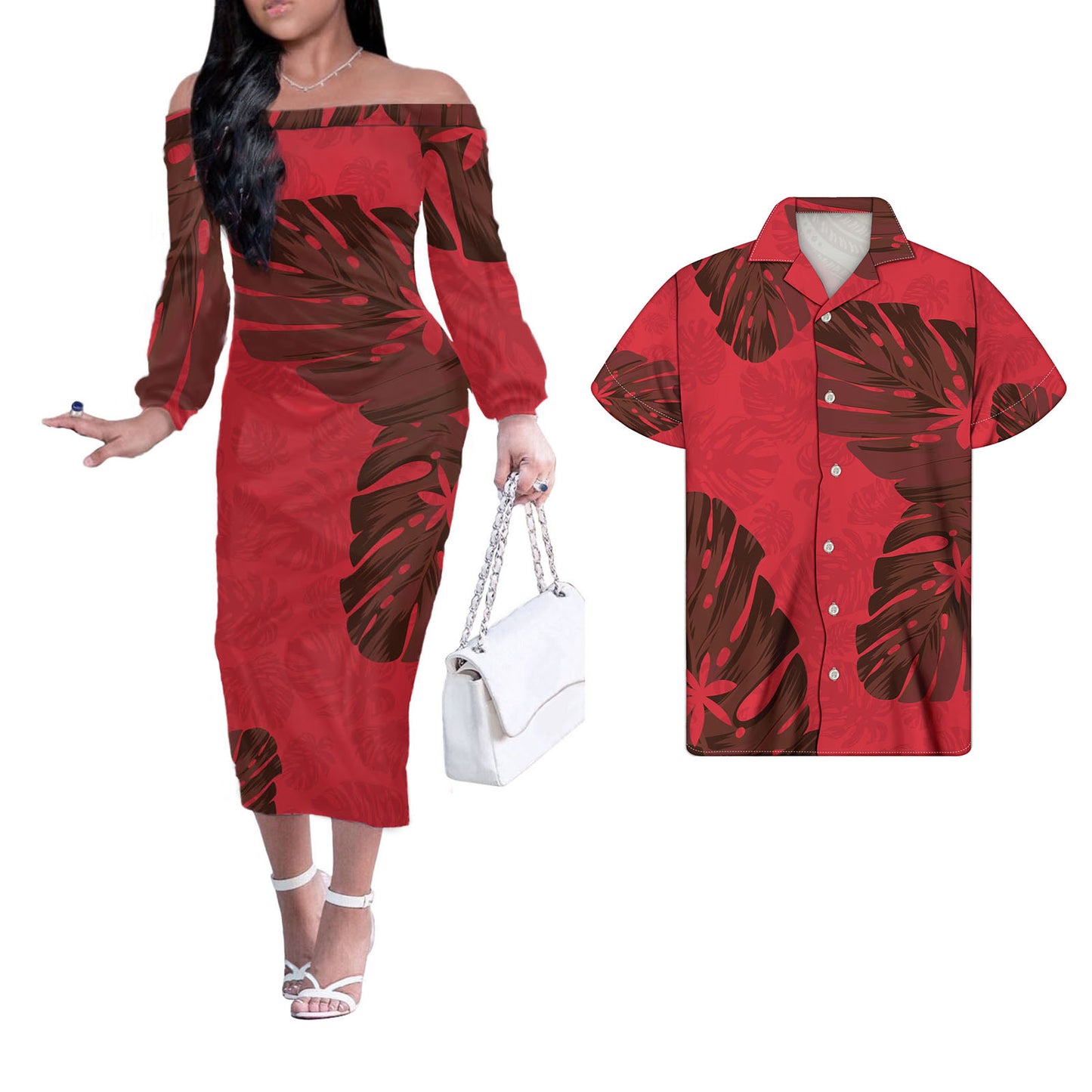 Polynesian Tribal Leaf Tropical Pattern Couple Matching Outfits Men Shirts and Dress Off Shoulder Long Dresses for Women