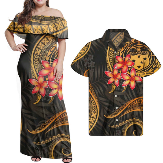 Polynesian Orange Plumeria Flowers Pattern Combo Dress and Hawaiian Shirt Matching Couples Outfit For Him Her