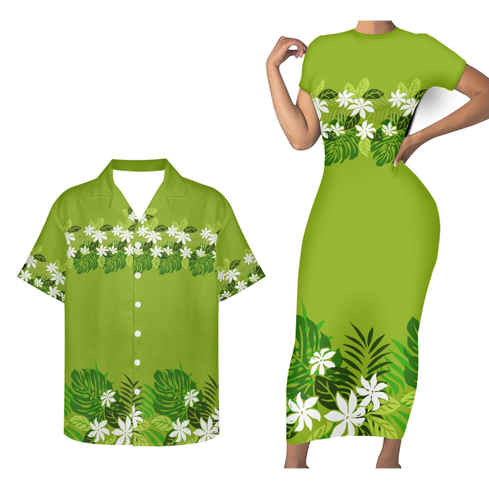 Polynesian Tribal Flowers Tropical Green Pattern Matching Outfit For Couple Polynesian Tribal Tight Short Sleeve Dress And Hawaiian Shirt Couple Set