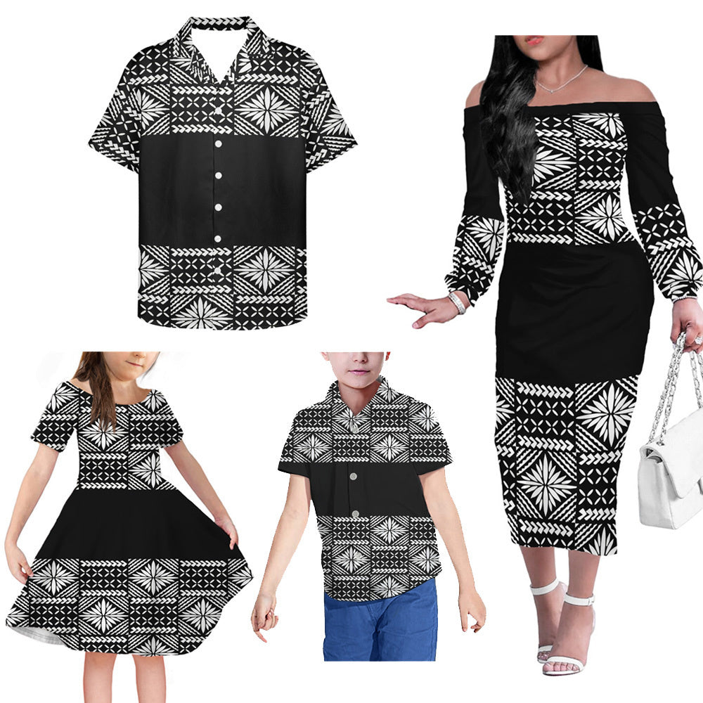 Polynesian Tribal Pattern Black Matching Outfit For Family Island Dress Hawaiian Shirt For Her Him