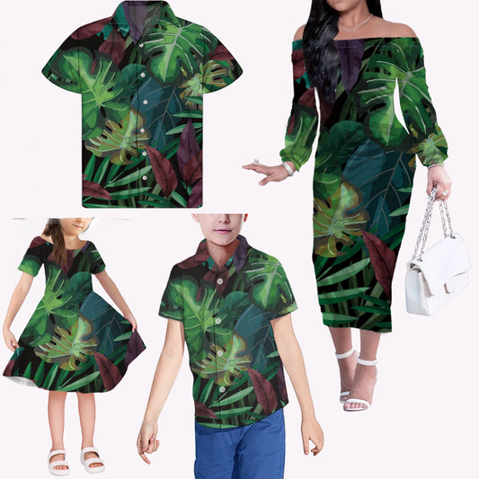 Tropical Plant Pattern Dresses Women Long Sleeves Hawaii Dress and Shirts Summer Matching Outfit for Family Matching Clothes