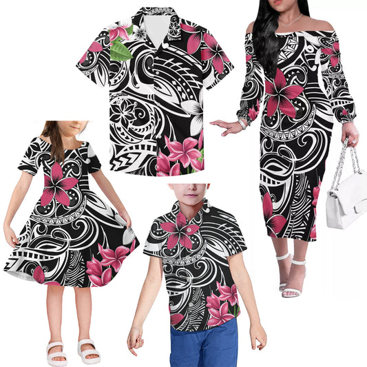 Polynesian Tribal Plumeria Flowers Pattern Matching Outfit For Family Tropical Dress Hawaiian Shirt Family Members