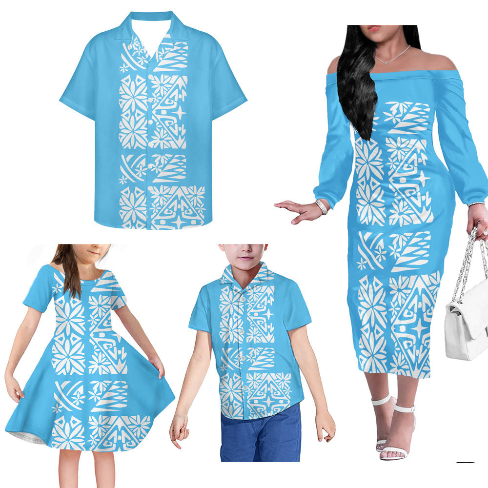 Polynesian Tribal Pattern Blue Matching Outfit For Family Island Dress Hawaiian Shirt For Her Him