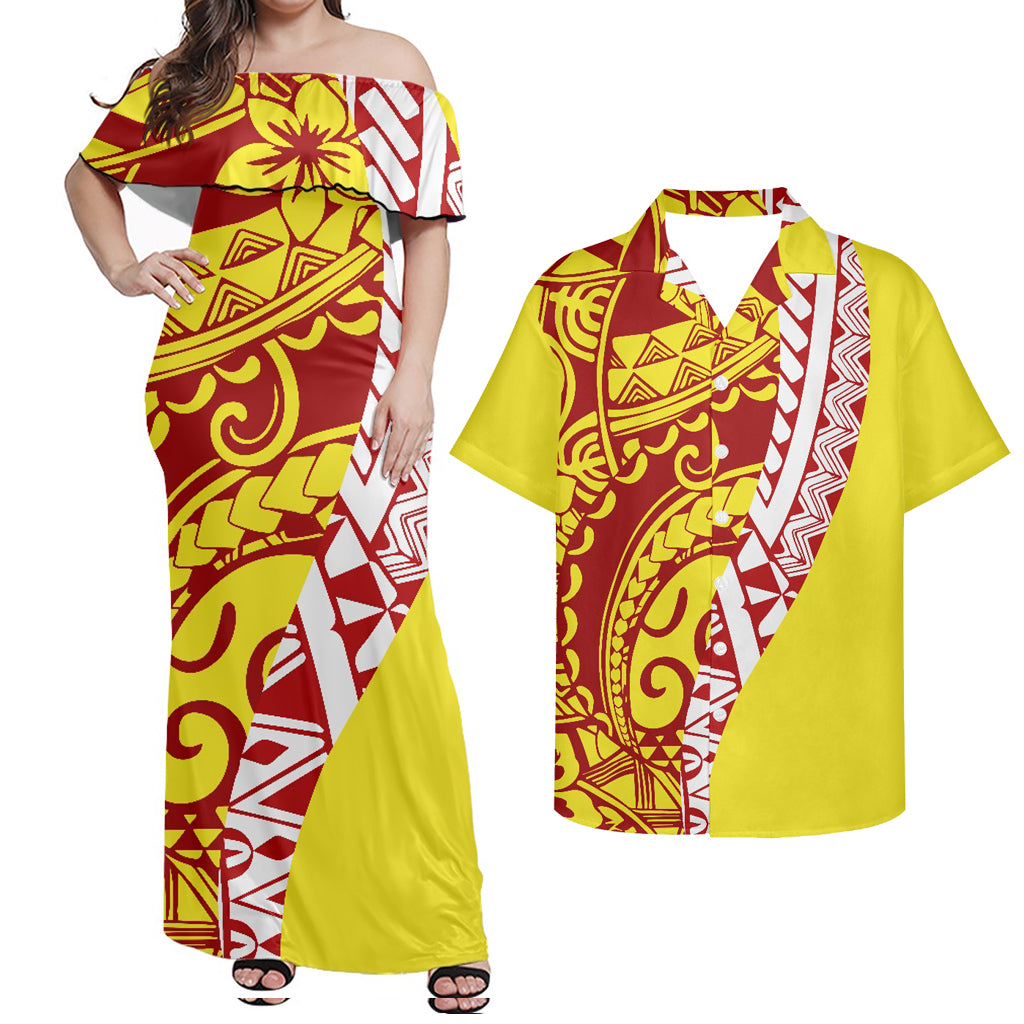 Polynesian Tribal Flowers Pattern Yellow Matching Outfit Combo Off Shoulder Dress and Shirt