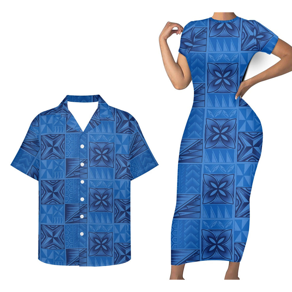 Blue Polynesian Tribal Pattern Matching Outfit For Couple Polynesian Tribal Tight Short Sleeve Dress And Hawaiian Shirt Couple Set