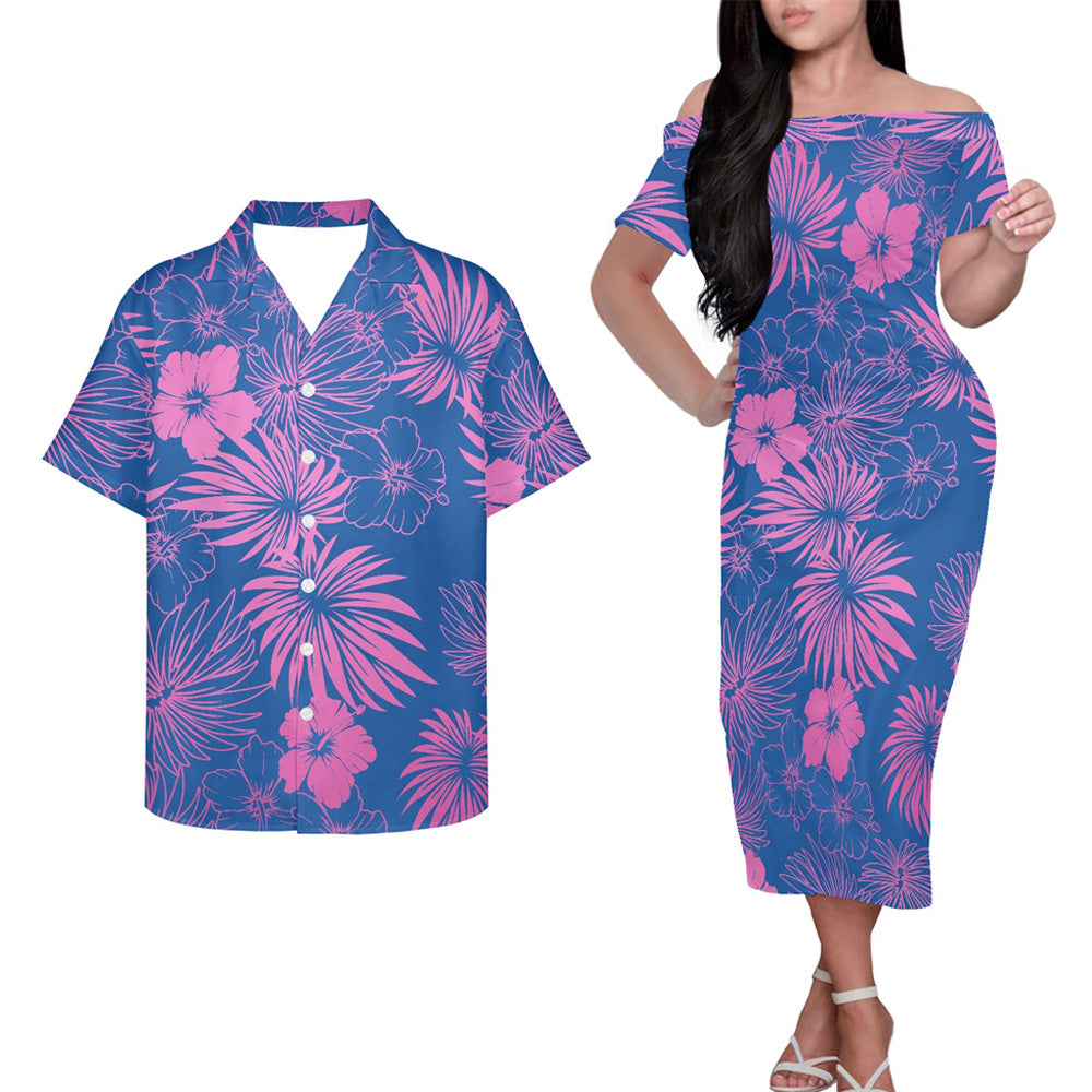 Polynesian Tribal Clothing Flowers Couple Outfits Pacific Island Patterns Blue Hung Short Sleeved Dress And Hawaiian Shirt