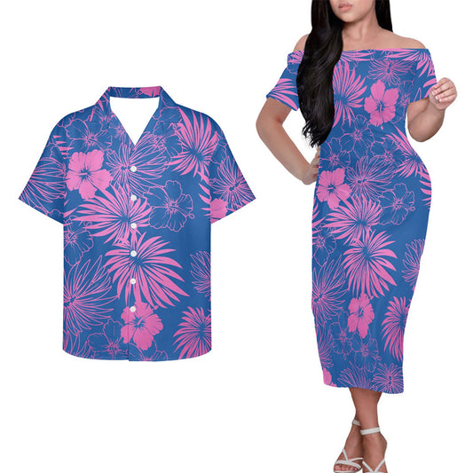 Polynesian Tribal Clothing Flowers Couple Outfits Pacific Island Patterns Blue Hung Short Sleeved Dress And Hawaiian Shirt