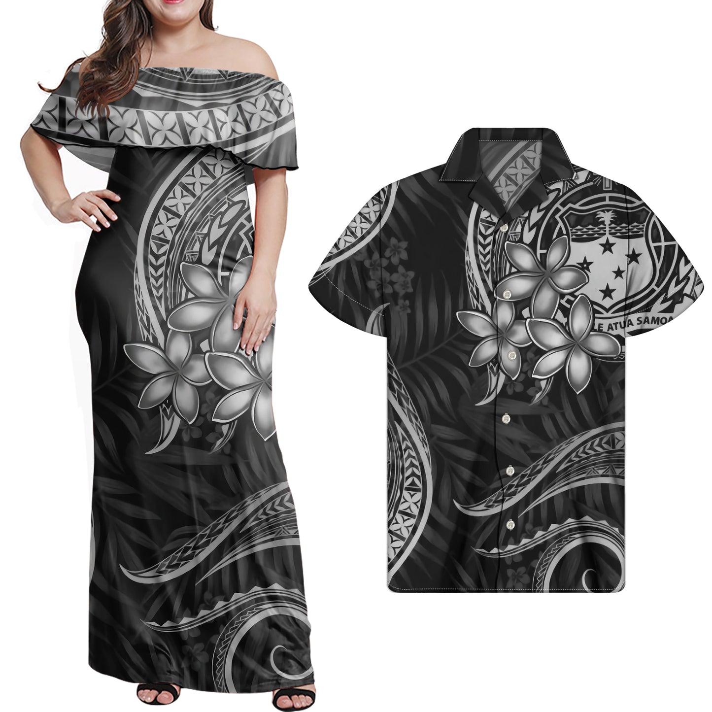 Polynesian Plumeria Flowers Pattern Black Combo Dress and Hawaiian Shirt Matching Couples Outfit For Him Her