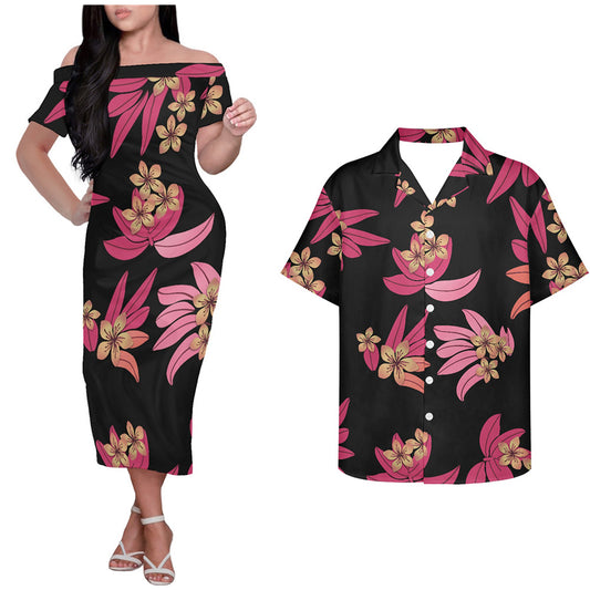 Polynesian Island Tribal Flowers Pattern Black Couple Outfits Tropical Style Hung Short Sleeved Dress And Hawaiian Shirt Couple Set