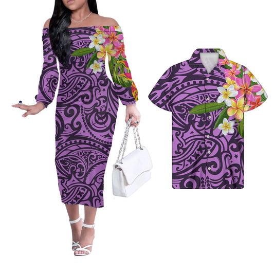 Purple Polynesian Tribal Plumeria Couples Matching Outfits Men Shirts and Birthday Dress Off Shoulder Long Dresses for Women