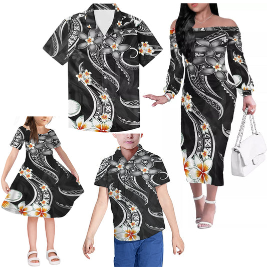 Polynesian Tribal Plumeria Flowers Pattern Matching Outfit For Family Tropical Black Dress Hawaiian Shirt Family Members
