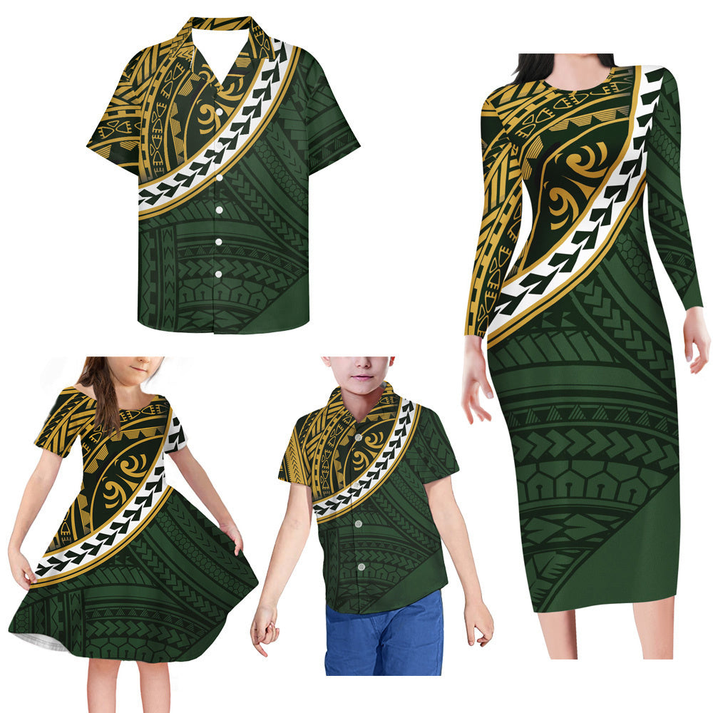 Vintage Green Polynesian Tribal Pattern Matching Family Outfits Island Bodycon Long Sleeve Dress And Shirt Family Members