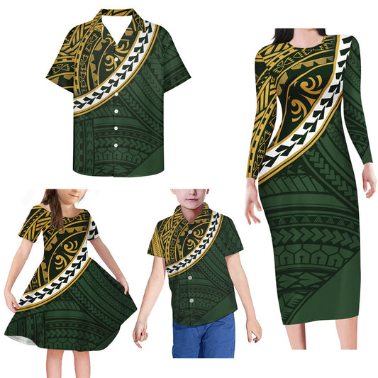 Vintage Green Polynesian Tribal Pattern Matching Family Outfits Island Bodycon Long Sleeve Dress And Shirt Family Members