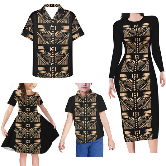 Polynesian Tribal Pattern Matching Family Outfits Black Bodycon Long Sleeve Dress For Her And Shirt For Him Girl Dress Kids