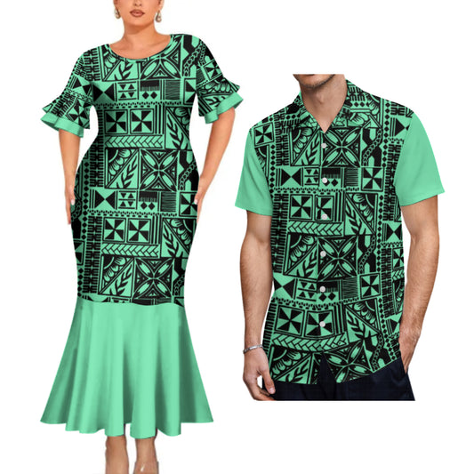 Polynesian Tribal Mermaid Bodycon Dresses and Shirt Geometric Green Matching Outfit