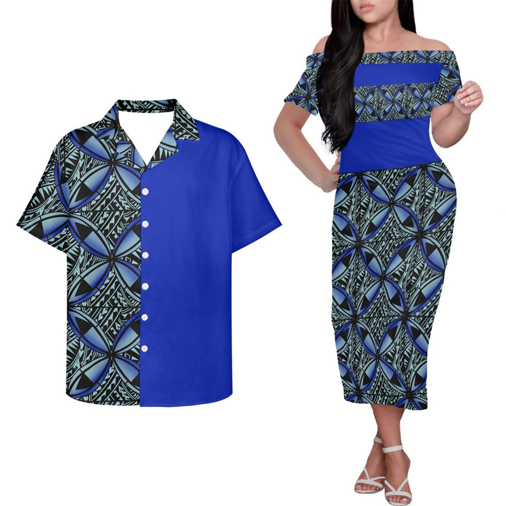 Polynesian Island Tribal Print Couple Outfits Half Style Pacific Island Hung Short Sleeved Dress And Hawaiian Shirt Party Outfit Set