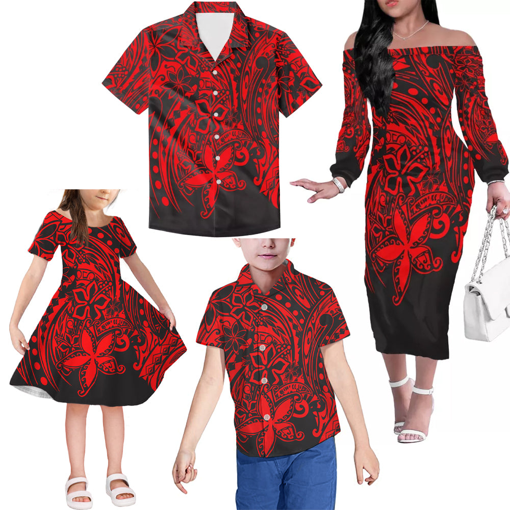 Red Polynesian Tribal Flowers Pattern Matching Outfit For Family Island Dress Hawaiian Shirt For Her Him Family Members