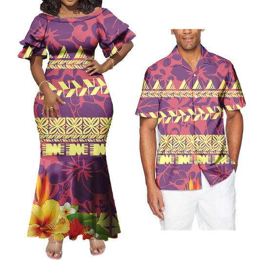 Mermaid Bodycon Dresses and Hawaiian Shirt Polynesian Tribal Tropical Flowers Matching Outfit