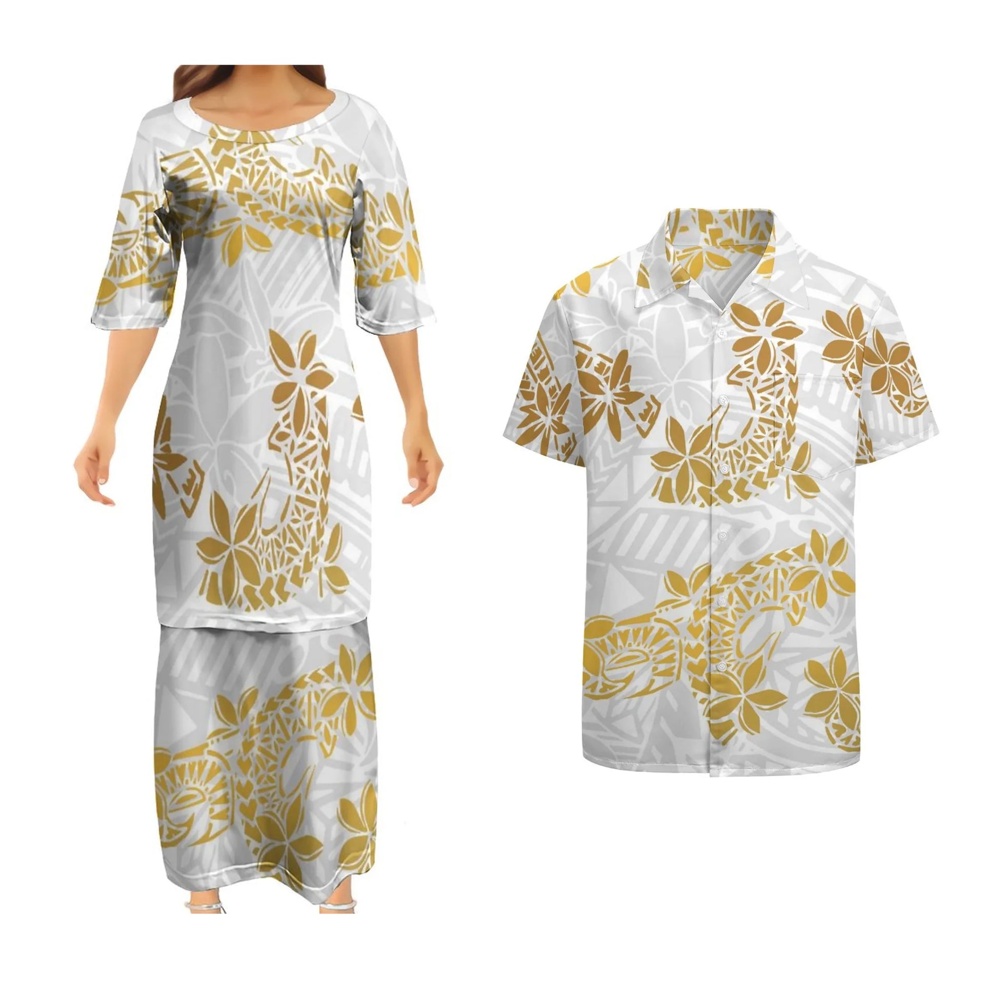 Yellow Polynesian Tribal And Plumeria Pattern Matching Outfit For Couple Clothes Samoan Puletasi and Mens Shirts