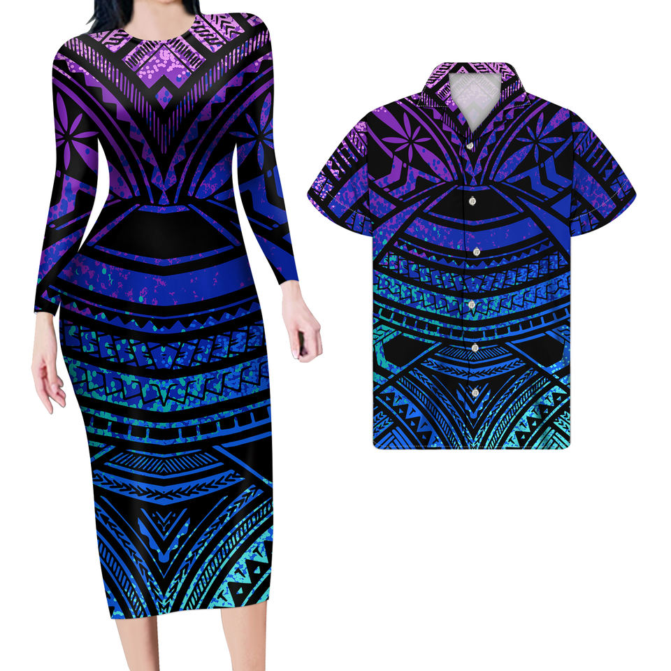 Hawaiian Matching Clothes For Couples Polynesian Tribal Bodycon Dress And Hawaii Shirt