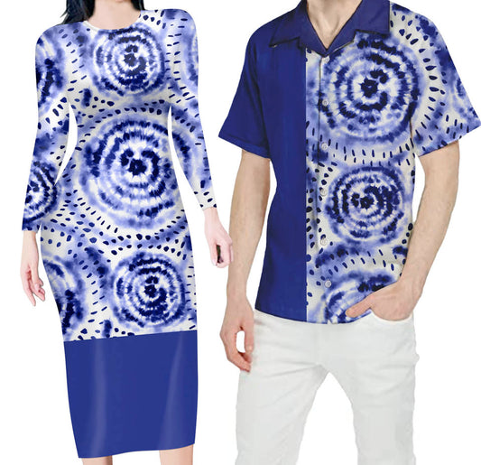 Blue Hawaiian Matching Clothes For Couples Half Style Bodycon Dress And Hawaii Shirt