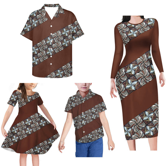 Geometric Polynesian Pattern Matching Family Outfits Island Bodycon Long Sleeve Dress And Shirt Family Members