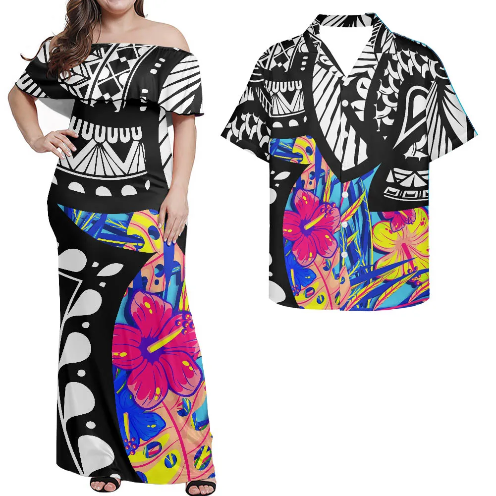 Hawaii Flower Colorful Polynesian Combo Dress and Hawaiian Shirt Matching Couples Outfit