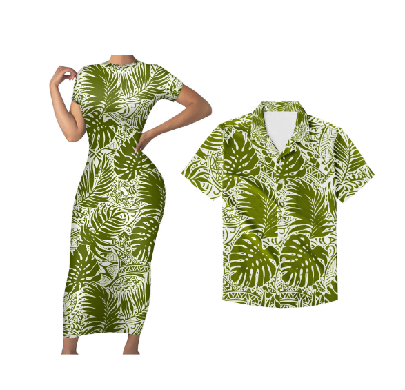 Polynesian Matching Tropical Couple Outfits Hawaii Palm Leaf Green Bodycon Dress And Hawaii Shirt