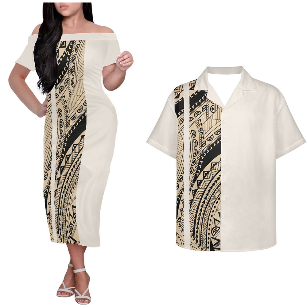 Polynesian Tribal Island Pattern Black Couple Outfits Tropical Style Hung Short Sleeved Dress And Hawaiian Shirt Couple Set