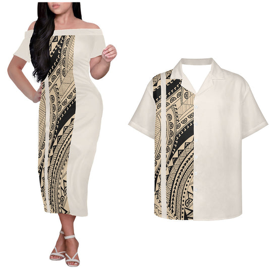Polynesian Tribal Island Pattern Black Couple Outfits Tropical Style Hung Short Sleeved Dress And Hawaiian Shirt Couple Set