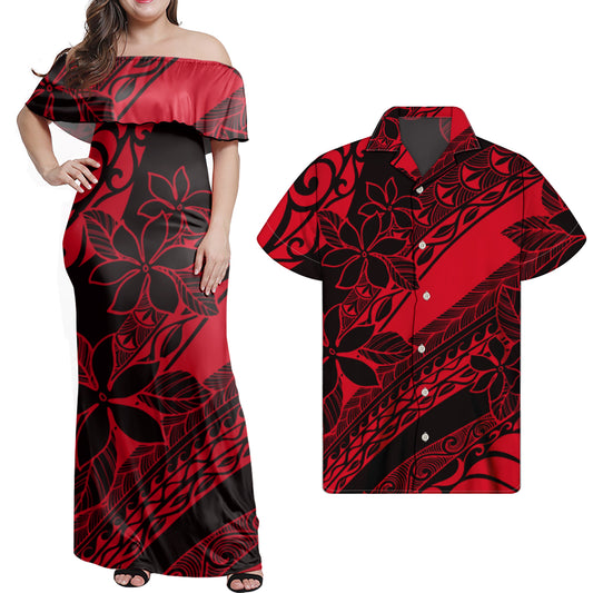 Polynesian Flowers Pattern Red Matching Outfit Combo Dress and Hawaiian Shirt