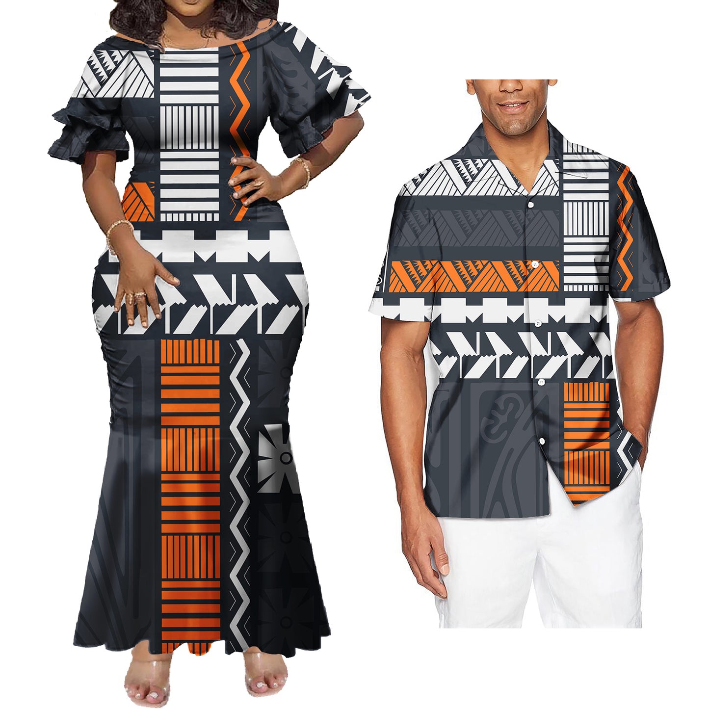 Mermaid Bodycon Dresses and Hawaiian Shirt Geometric Polynesian Pattern Black Matching Outfit