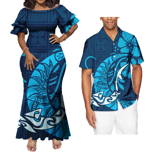 Polynesian Tribal Pattern Blue Couple Matching Outfit Island Fishtail Skirt Dress And Shirt
