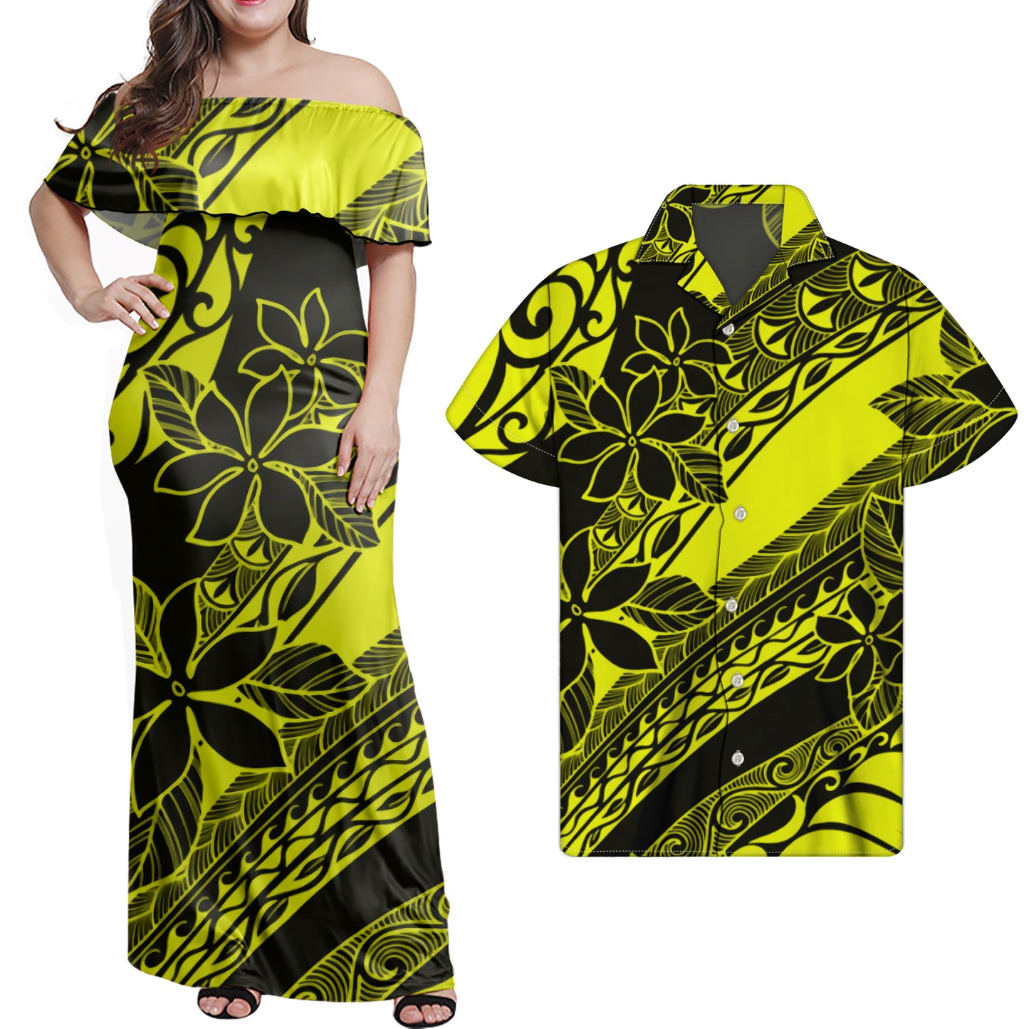 Polynesian Flowers Pattern Matching Outfit Combo Dress and Hawaiian Shirt