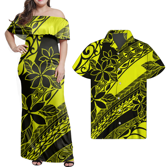 Polynesian Flowers Pattern Matching Outfit Combo Dress and Hawaiian Shirt