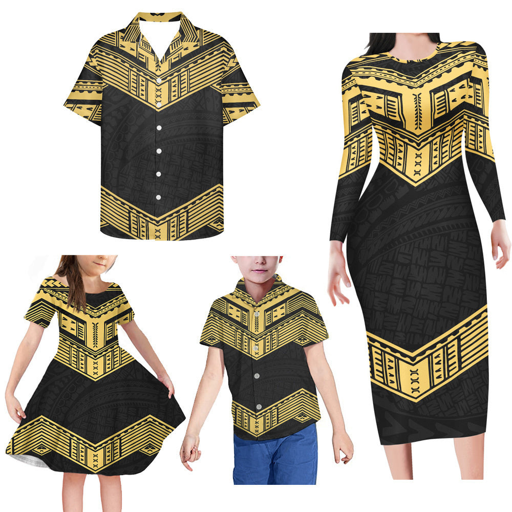 Black Yellow Polynesian Tribal Pattern Matching Family Outfits Bodycon Long Sleeve Dress For Her And Shirt For Him Girl Dress Kids