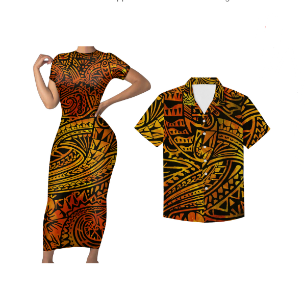 Polynesian Matching Tropical Couple Outfits Polynesian Tribal Bodycon Dress And Hawaii Shirt